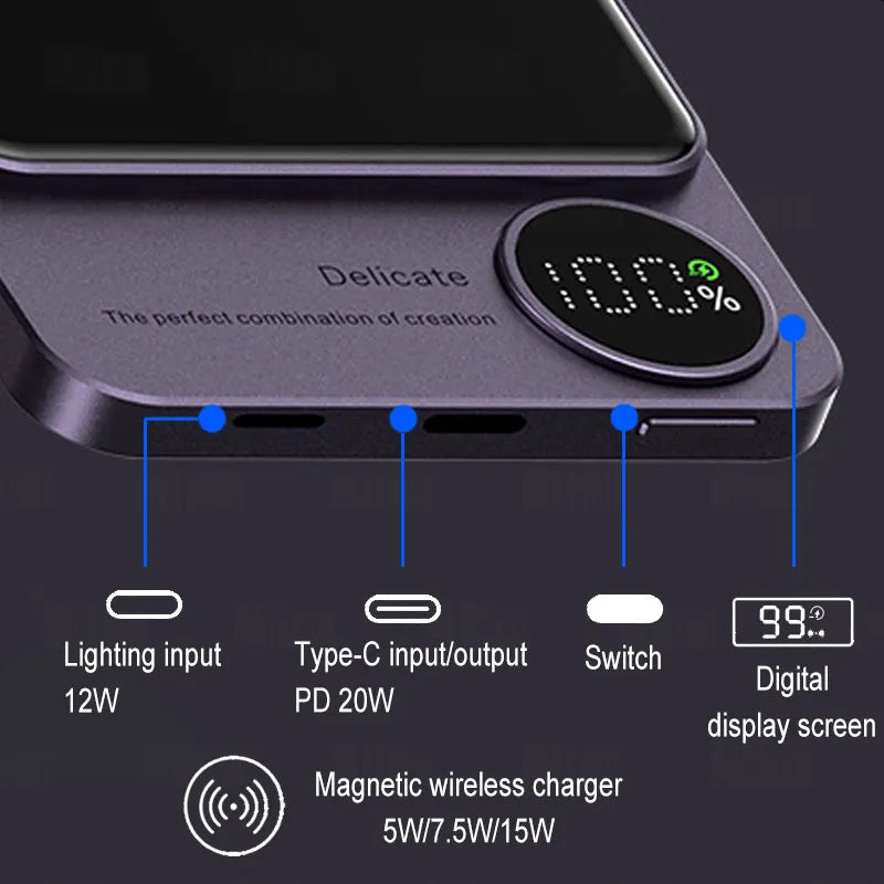 10,000mAh MagSafe magnetic power bank with PD 20W and 15W wireless fast charging for iPhone 15, 14, and 13.