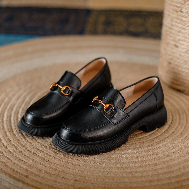 British Round-Toe Platform Loafers: Thick Heel, Gold Buckle