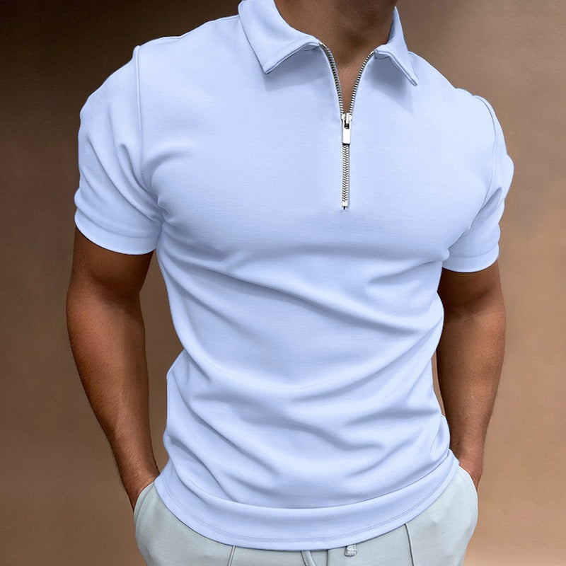 Men's summer slim-fit polo shirt with a zipper and flip collar.