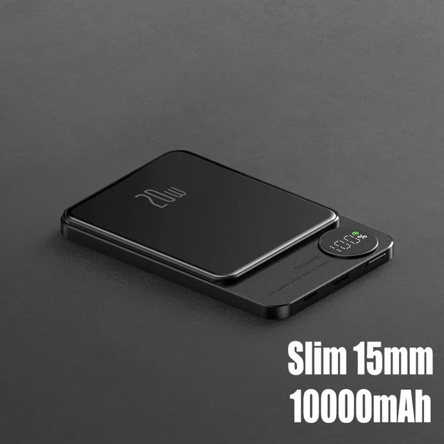 10,000mAh MagSafe magnetic power bank with PD 20W and 15W wireless fast charging for iPhone 15, 14, and 13.