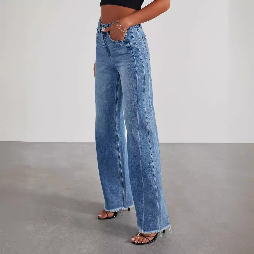 Women's loose wide-leg patchwork jeans with ground hem