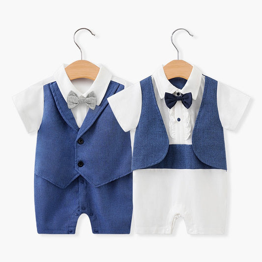 Newborn baby jumpsuit in British style, short-sleeved, for one-year-old boys.