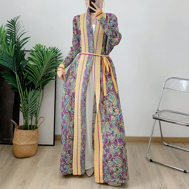 Pleated Printed Robe Middle East Dubai Elegant Cardigan