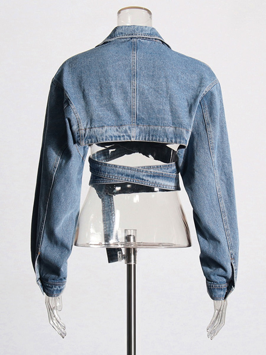 Cross-Layered Hollow Waist Slimming Short Denim Jacket