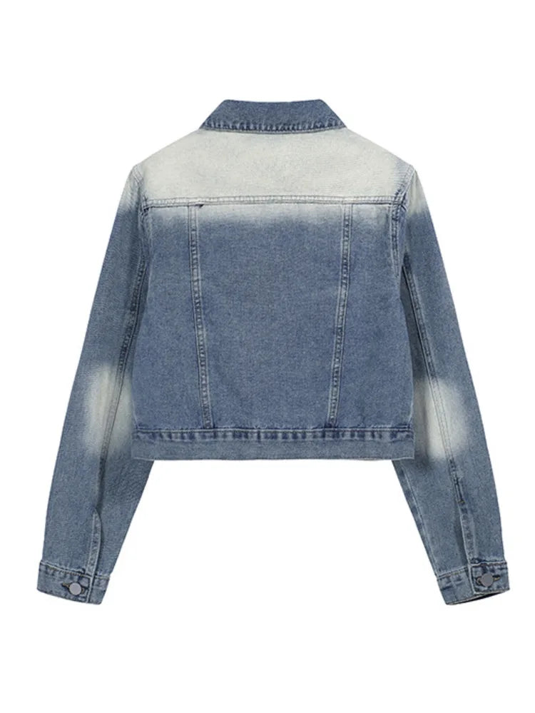 Women's patchwork washed denim coat, thin, single-breasted