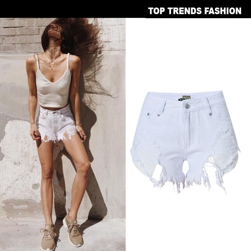 high-waist white denim shorts with frayed edges