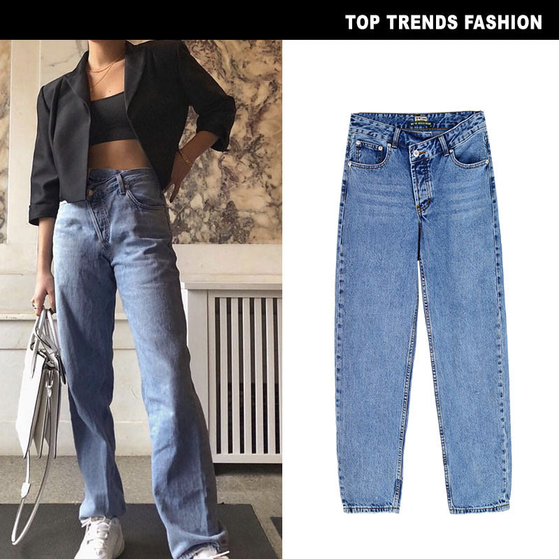 high-waist loose straight-leg flared denim trousers