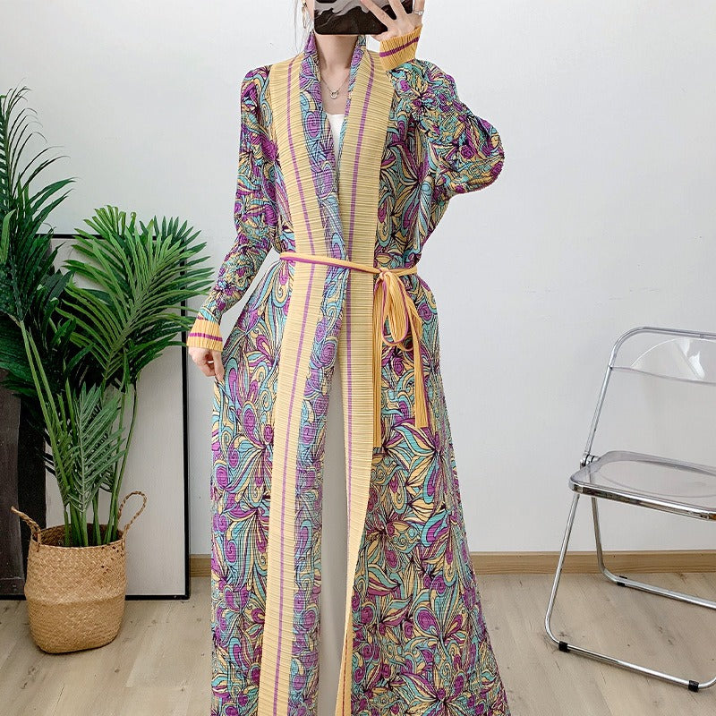 Pleated Printed Robe Middle East Dubai Elegant Cardigan