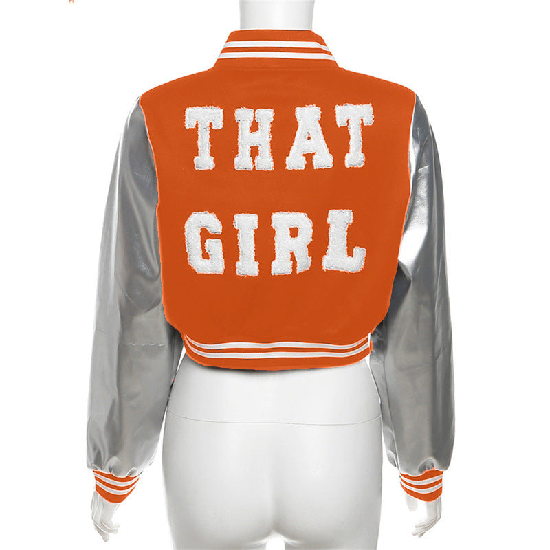 casual varsity jacket with fluffy lettering and leather sleeve patchwork