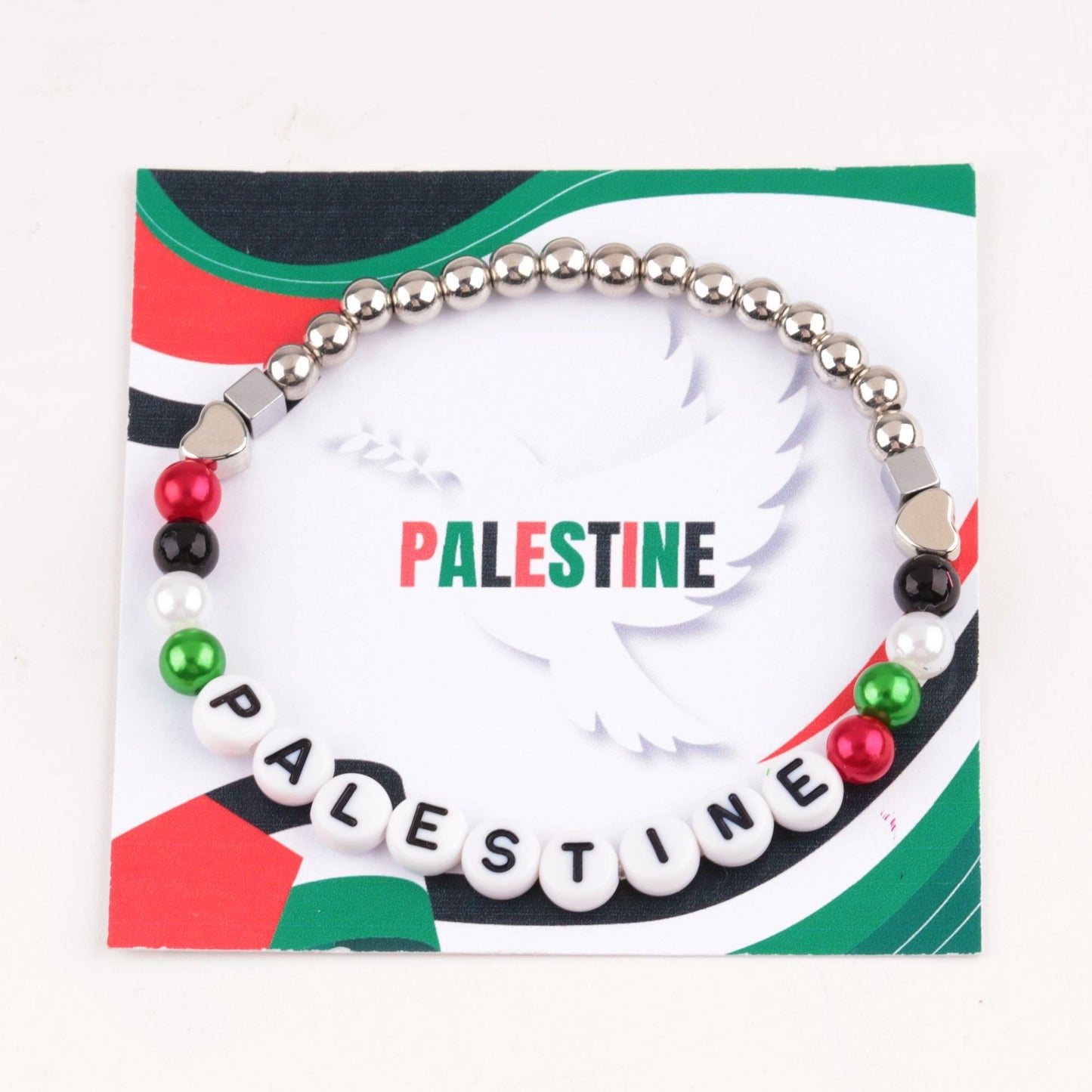 Palestine flag bracelet with silver, red, and green acrylic letter beads.