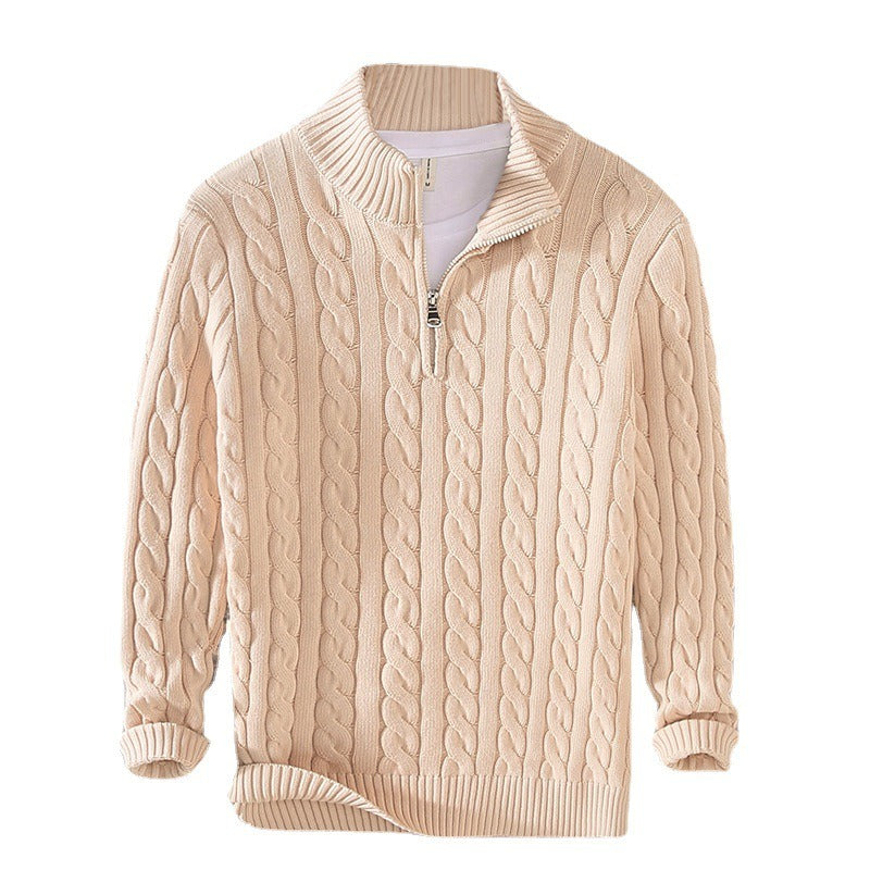 Men's thick half-zip twisted knit shirt with stand collar for autumn/winter.