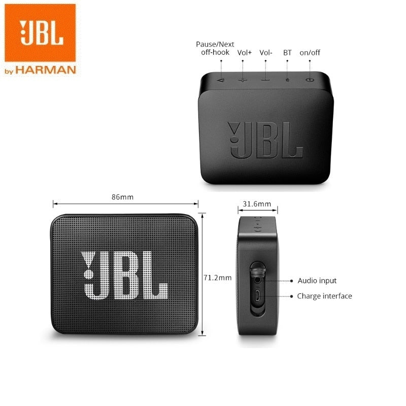 JBL Go 2 mini portable wireless Bluetooth speaker, IPX7 waterproof with subwoofer bass effect.