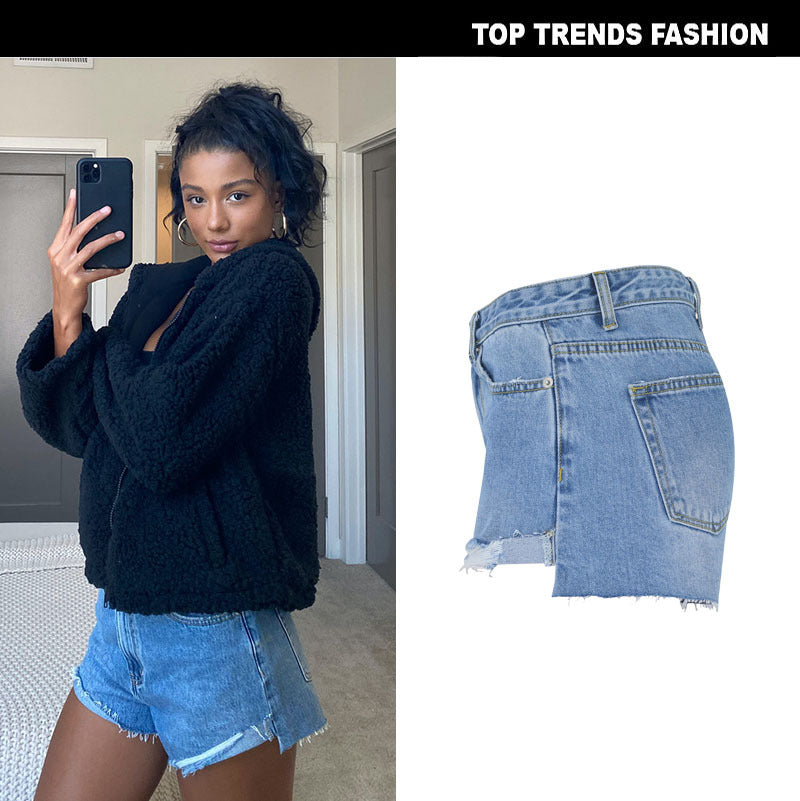 High-waist ripped denim shorts