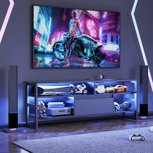 PS5 gaming TV stand with power outlet, accommodates TVs up to 65 inches.