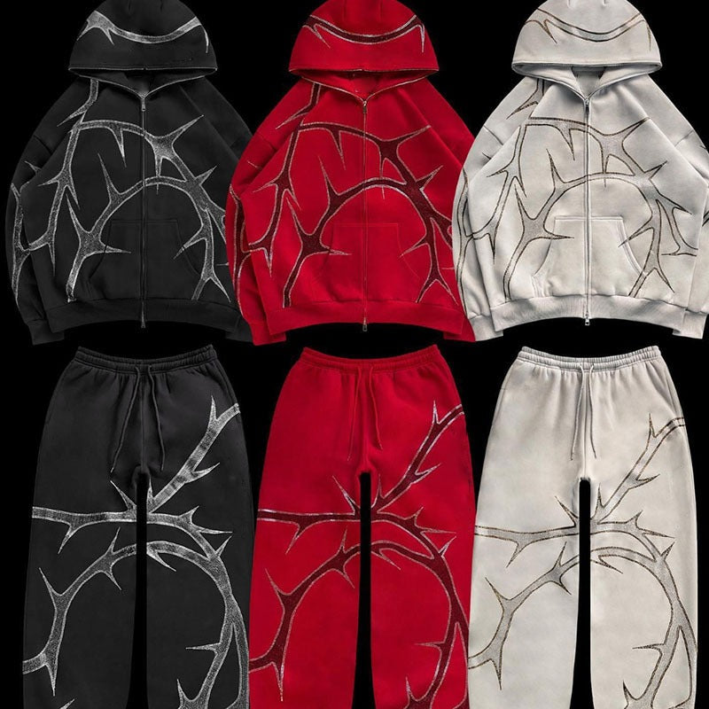 Street hoodie set with hot diamond zippers