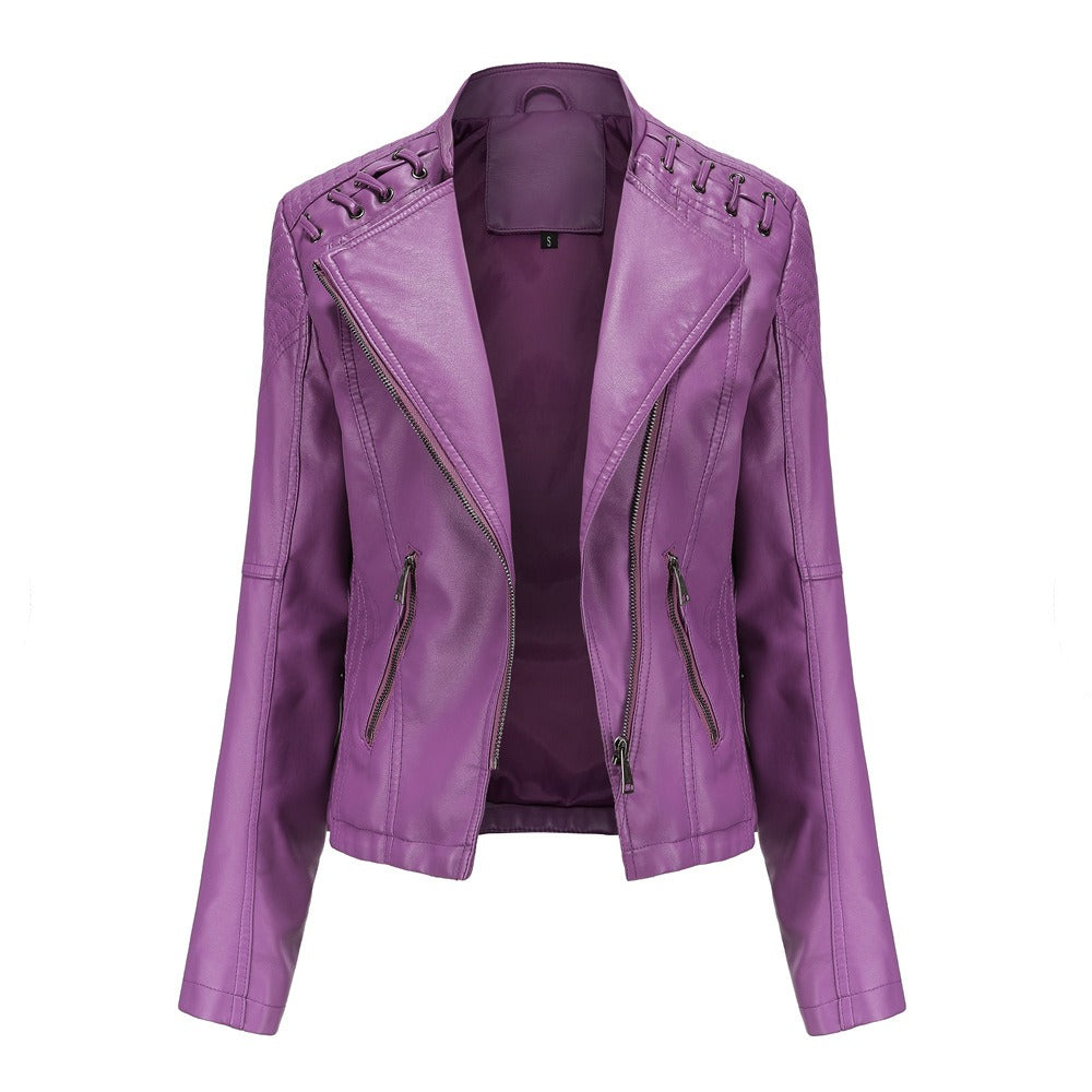 Women's slim-fit motorcycle-style leather jacket