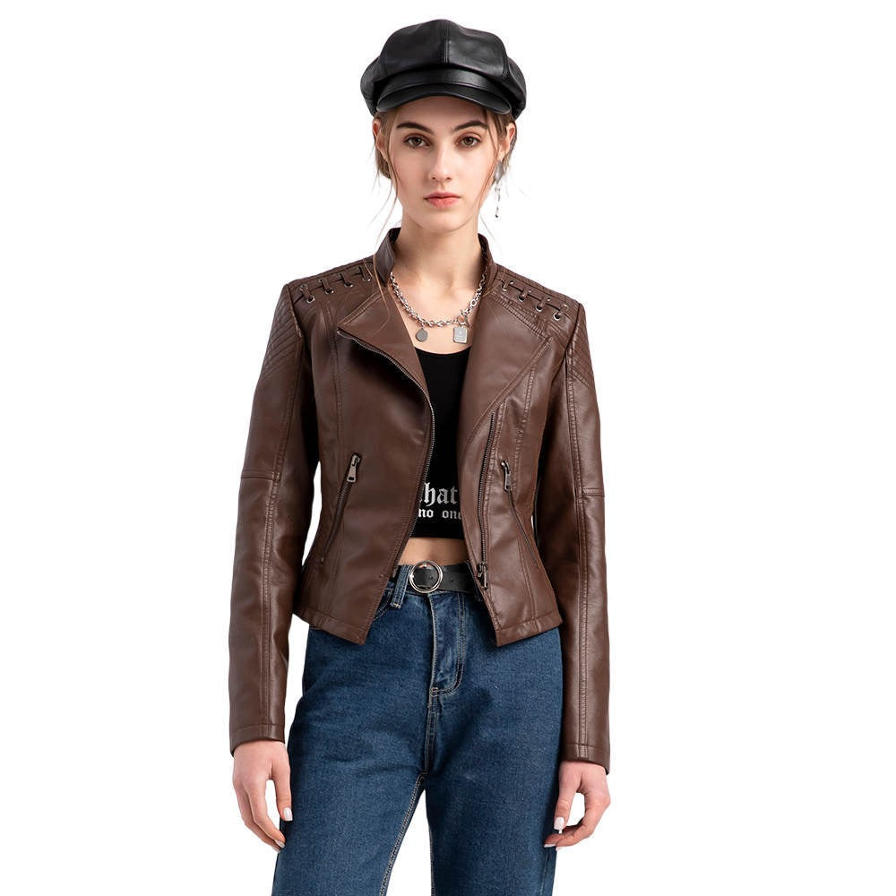 Women's slim-fit motorcycle-style leather jacket