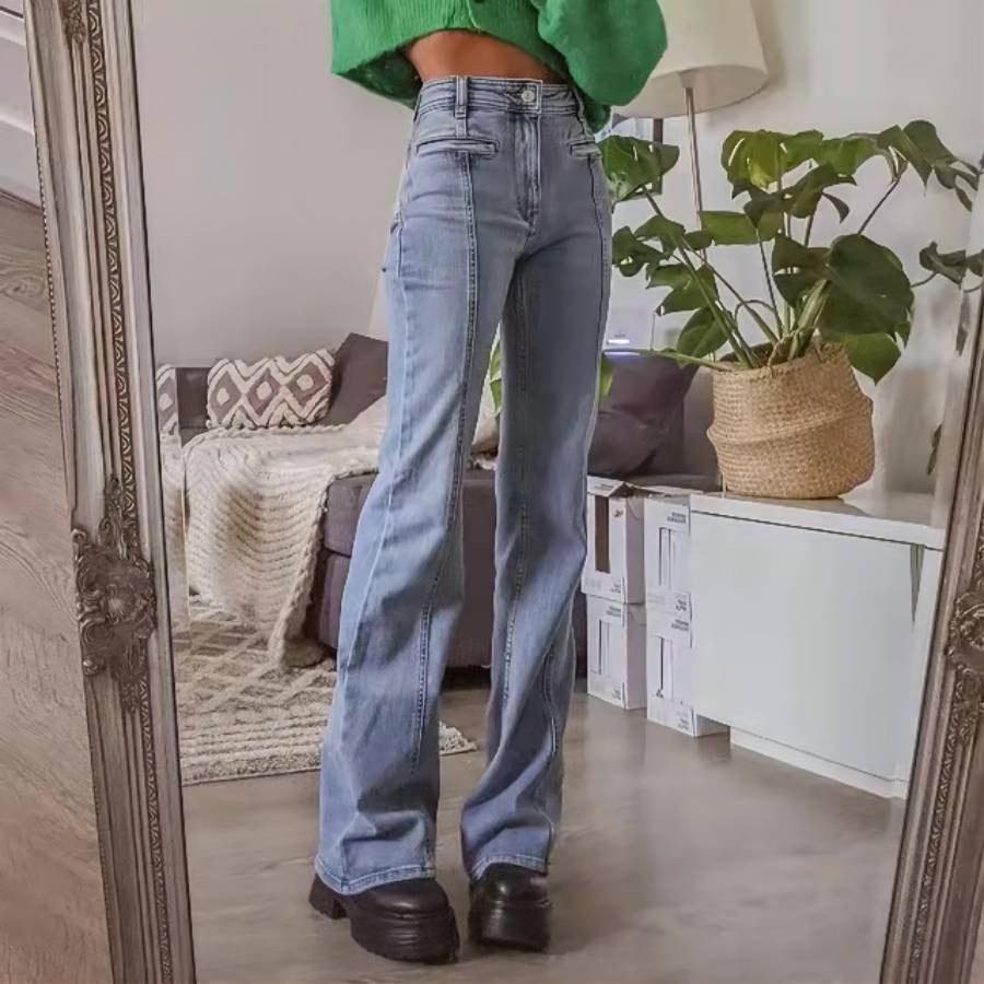 casual denim bootcut pants with mid-waist and contrast five-point back