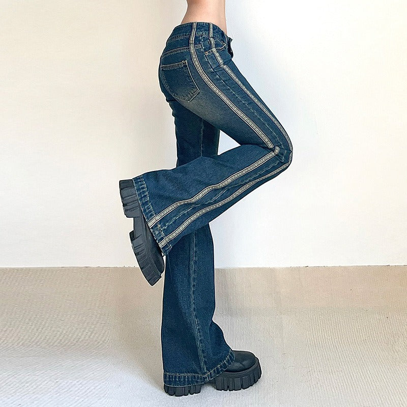 Women's vintage low-rise skinny flared jeans with striped stitching