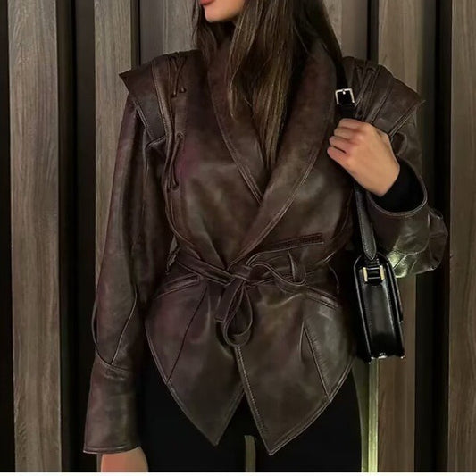 Women's Winter Maillard Dresses with Waist-Up Lapel and PU Leather Jacket