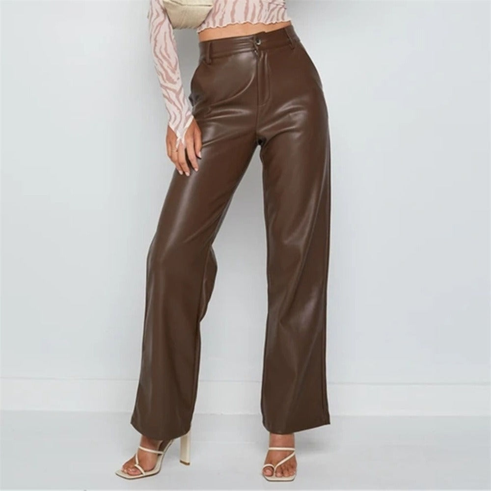 Women's high-waist PU leather wide-leg pants