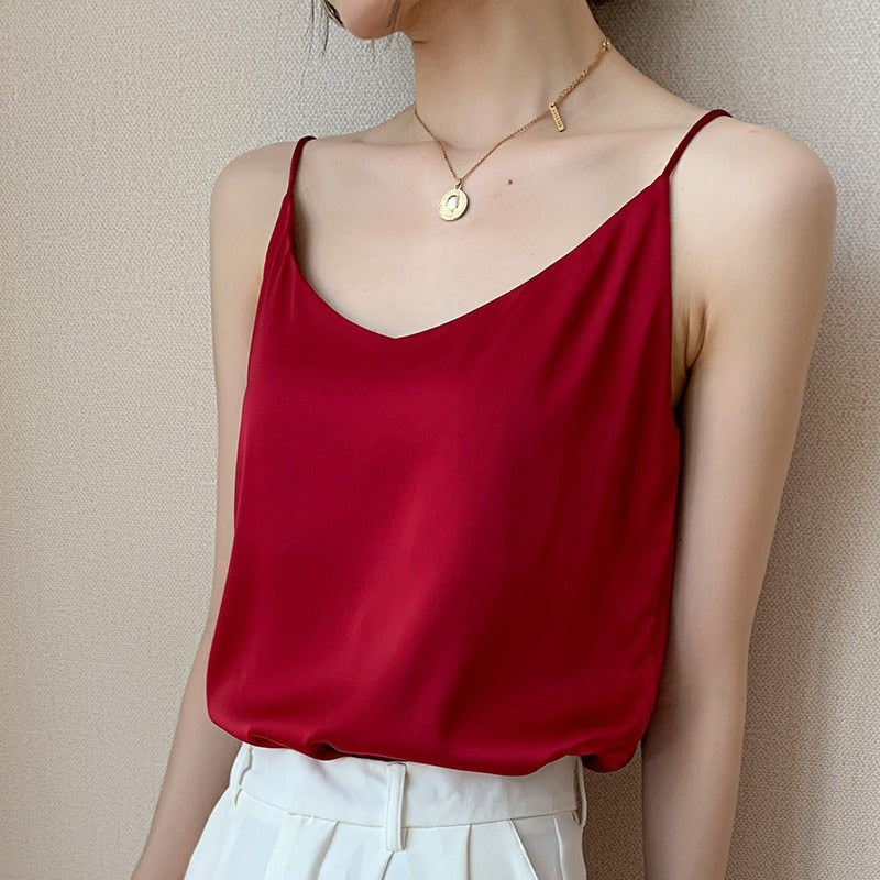 Women's V-neck one-shoulder satin vest in a solid color