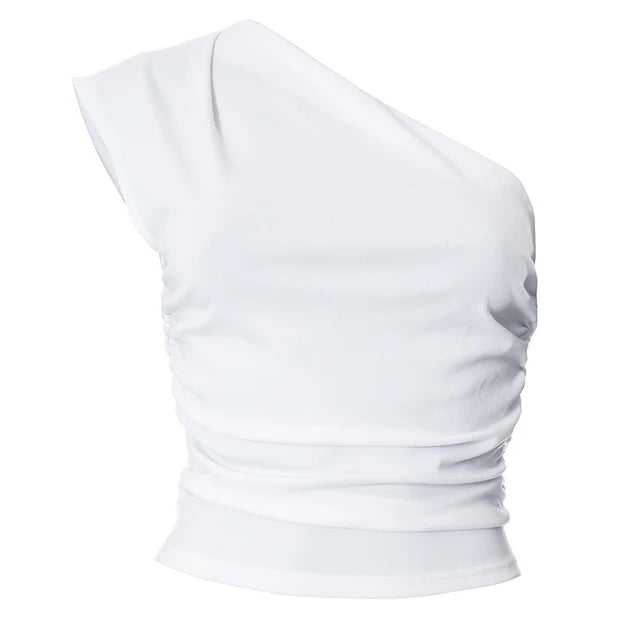 White one-shoulder tight crop top exposing the navel.