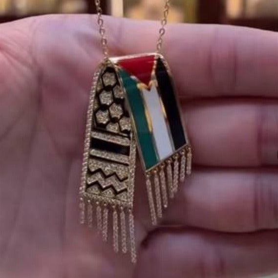 Palestinian Flag Tassel Necklace - Stainless Steel with Diamond Accents