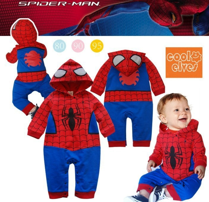 Cotton baby romper featuring Spider-Man and Superman designs, hooded jumpsuit.