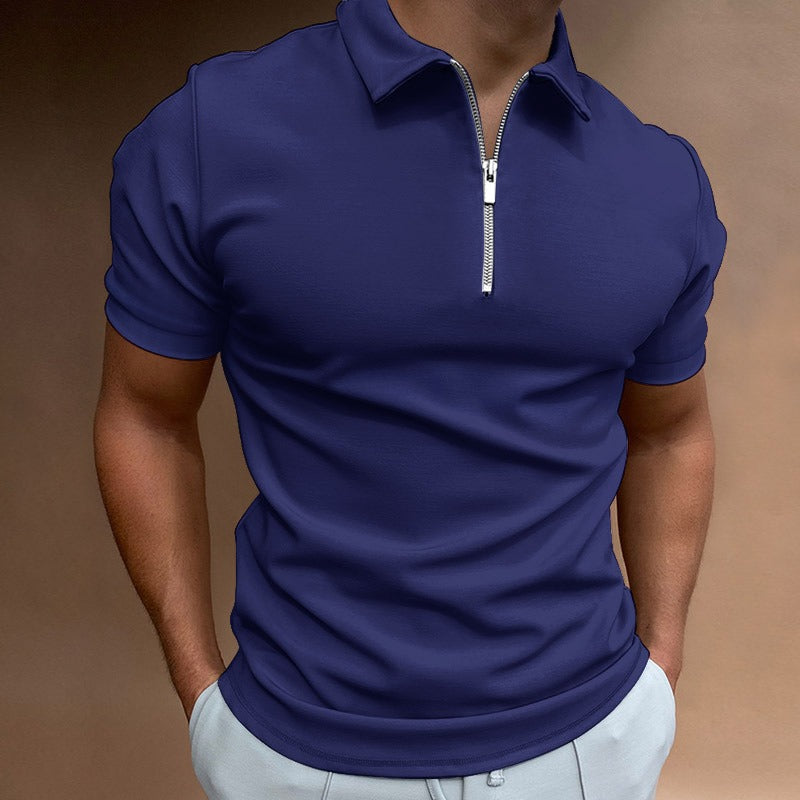 Men's summer slim-fit polo shirt with a zipper and flip collar.