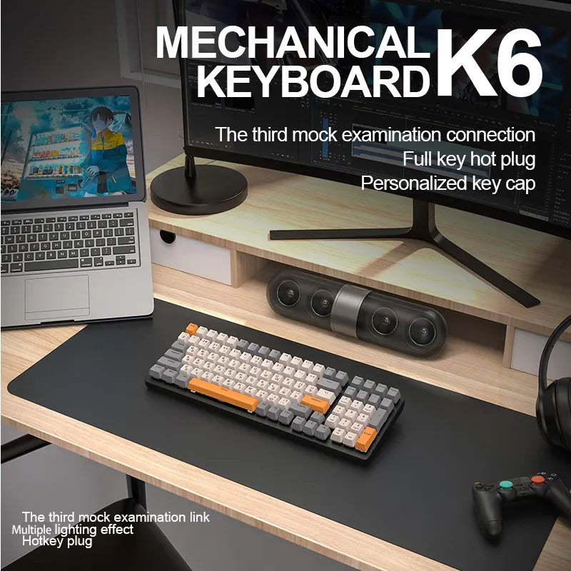 K6 mechanical keyboard with 5.0 Bluetooth, 2.4 GHz, wired modes, and backlit 100 keys for gamers.