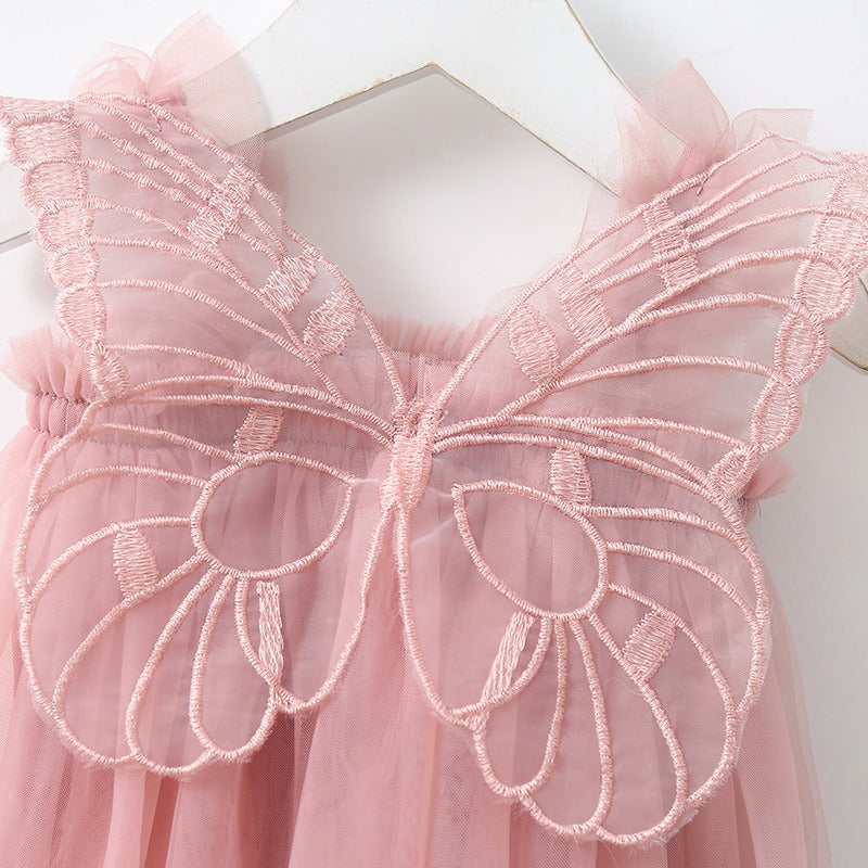 New baby girl dress with solid color and butterfly wing sleeves—sweet princess style.