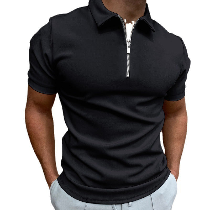 Men's summer slim-fit polo shirt with a zipper and flip collar.