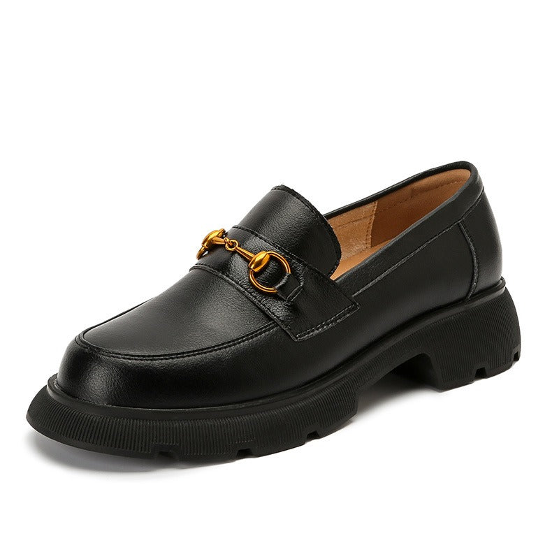 British Round-Toe Platform Loafers: Thick Heel, Gold Buckle