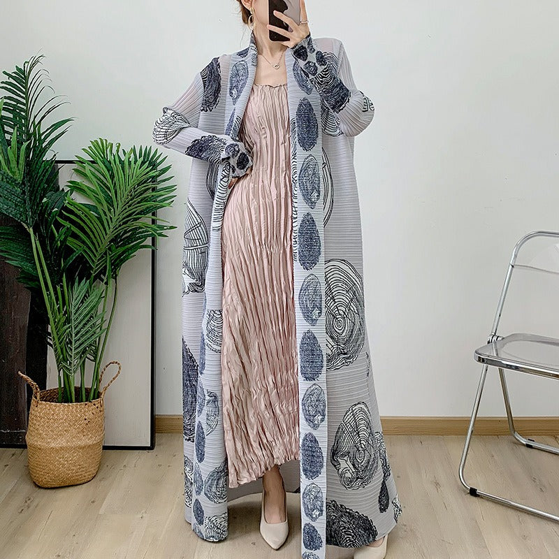 Women's Pleated Long Trench Coat - Printed Cardigan