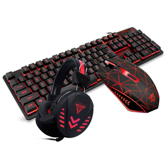 VX7 waterproof gaming set with LED keyboard, mouse, and headset.