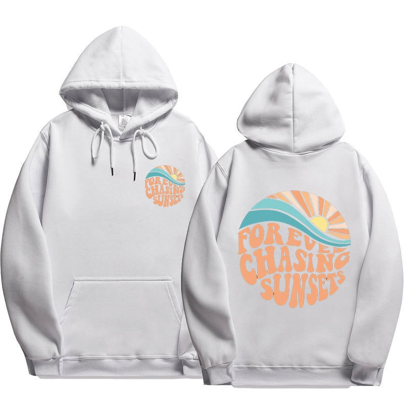 Chasing Sunsets printed cuff hoodie sweater, unisex design