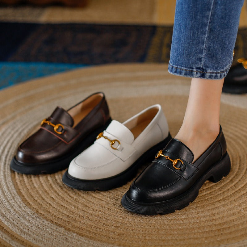 British Round-Toe Platform Loafers: Thick Heel, Gold Buckle