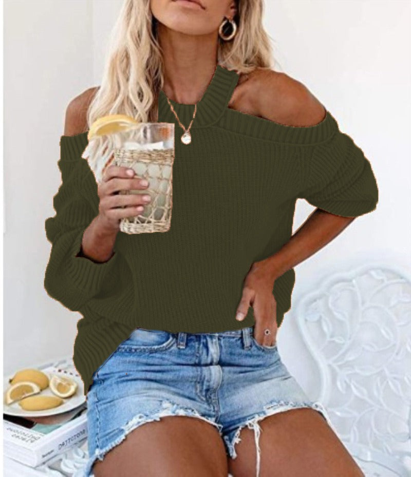 Sexy off-shoulder loose-knit sweater for women, solid color.