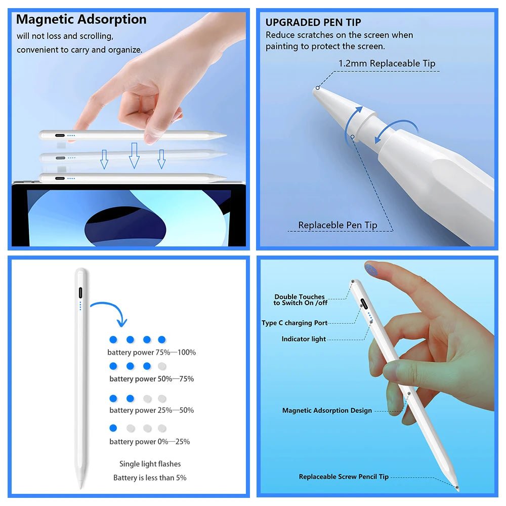 Apple Pencil with Palm Rejection for iPad Pro, Air, Mini: Power Display, 2022-2018