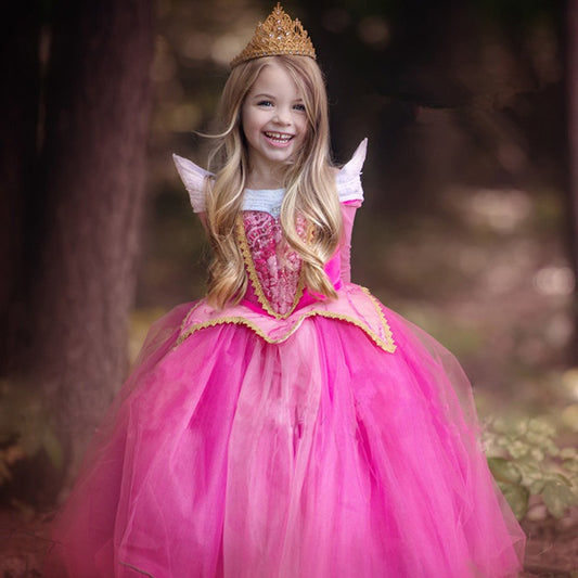 Princess dress inspired by Sleeping Beauty and Frozen, with mesh long sleeves and a fluffy design.