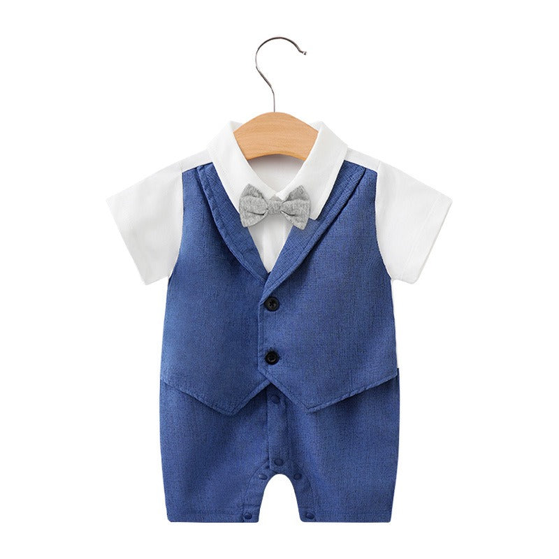 Newborn baby jumpsuit in British style, short-sleeved, for one-year-old boys.