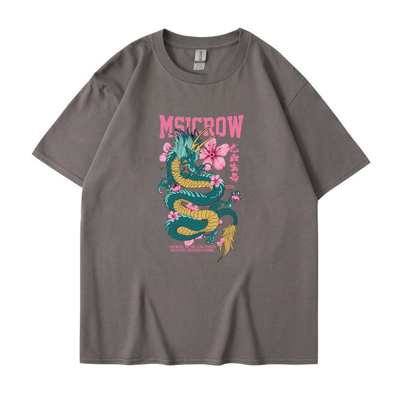 T-Shirt with Letter and Dragon Pattern Print, Unisex