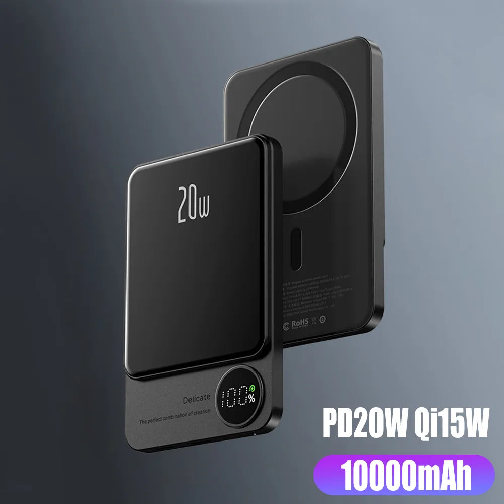 10,000mAh MagSafe magnetic power bank with PD 20W and 15W wireless fast charging for iPhone 15, 14, and 13.