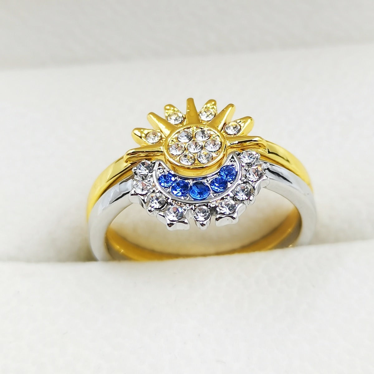 Sun Moon Blue Diamond Celestial Couple Ring Set