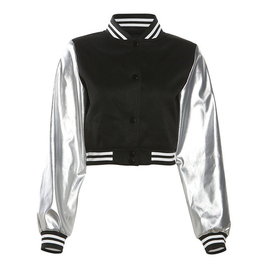 casual varsity jacket with fluffy lettering and leather sleeve patchwork