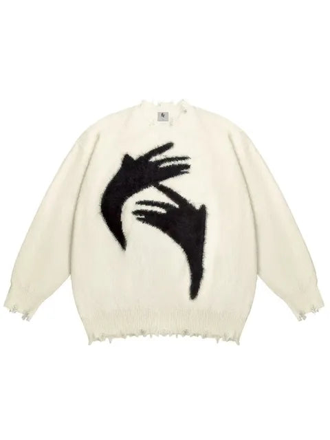 Women's abstract print mohair sweater, O-neck, loose-fit pullover for winter.