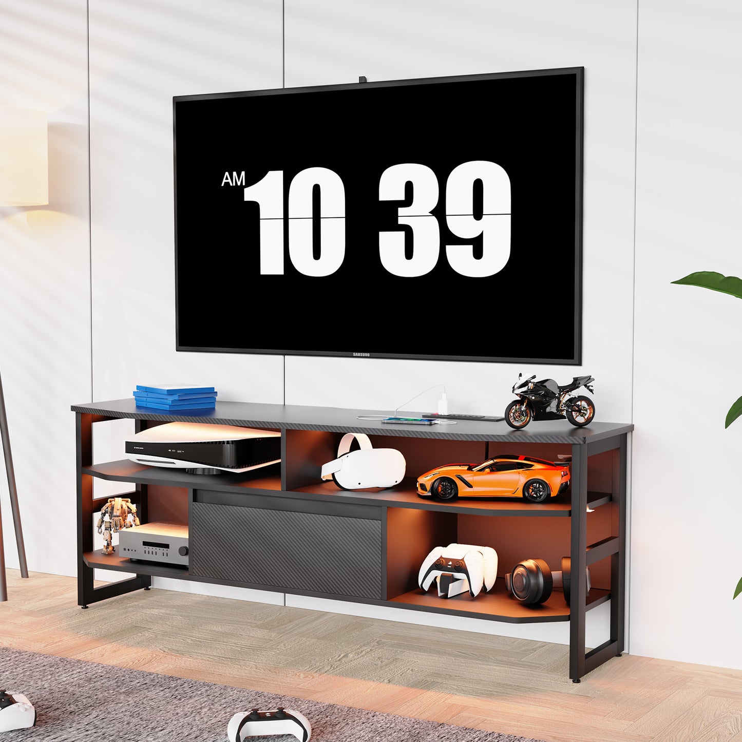 PS5 gaming TV stand with power outlet, accommodates TVs up to 65 inches.