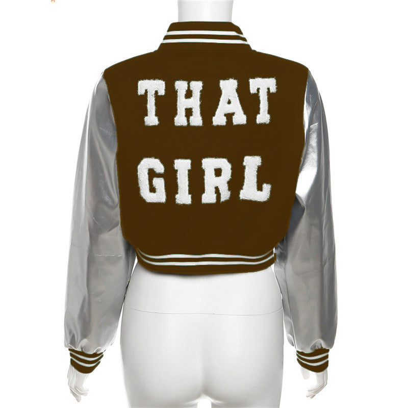 casual varsity jacket with fluffy lettering and leather sleeve patchwork