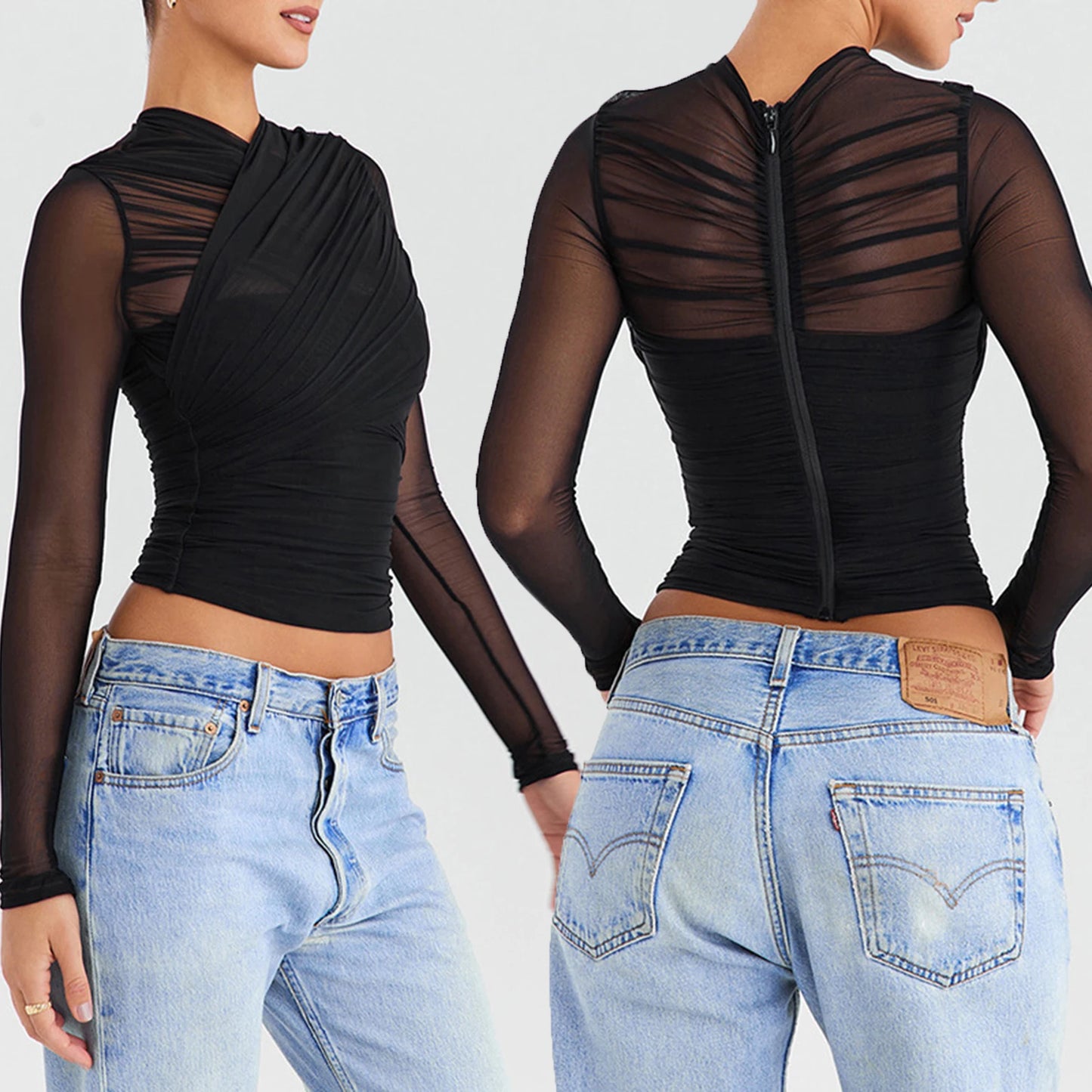 Cross-back zipper long sleeve top with sheer mesh waist detailing.